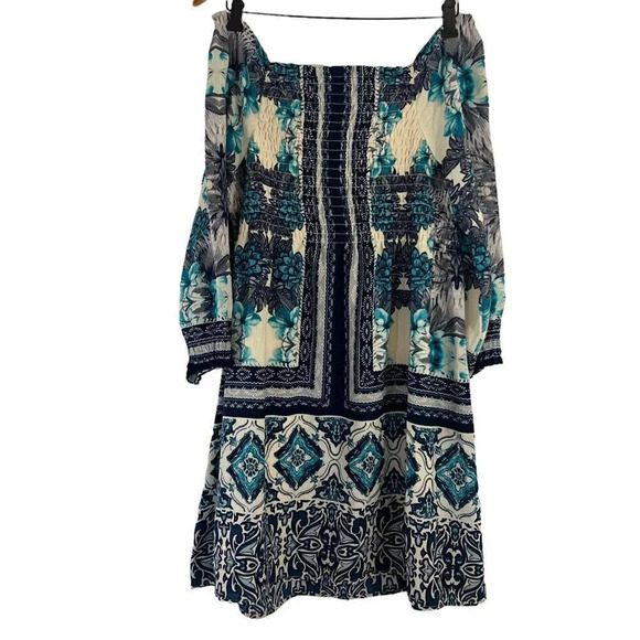 Luxology Dress Blue and White Floral Knee Length Ruched Elastic Chest Lined Poly - Picture 8 of 12